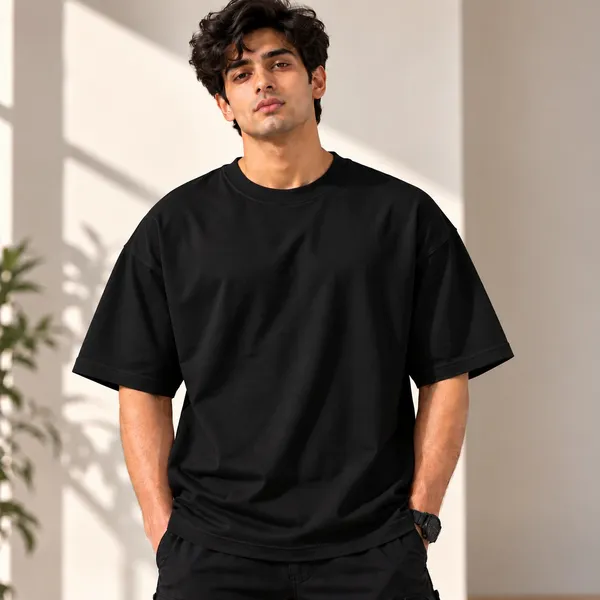 GoCro_Men's_Black_Oversized_Basic_Plain_T-Shirt_(100%_Cotton)