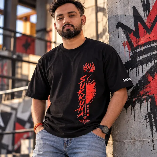 GoCro_Men's_Black_Oversized_Sukuna_Anime_Graphic_T-Shirt_(100%_Cotton)