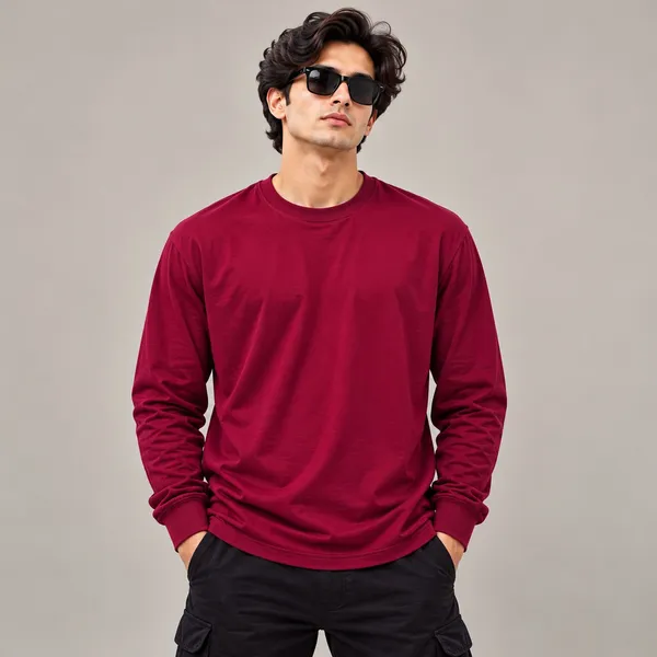 GoCro_Men's_Maroon_Full_Sleeve_Plain_T-Shirt_(100%_Cotton)