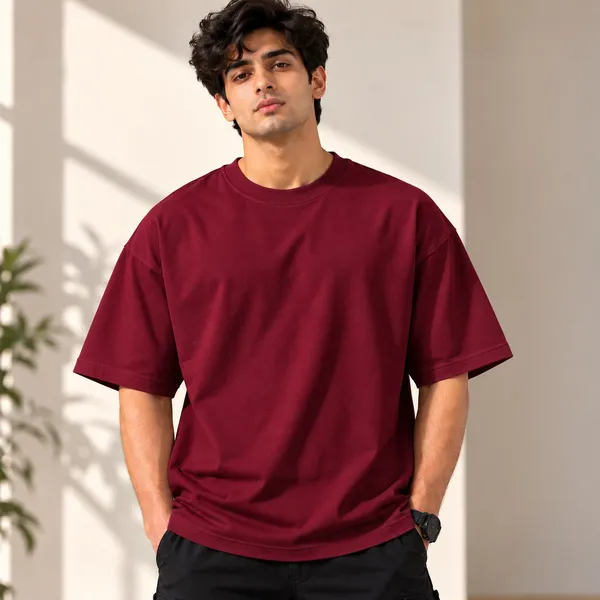 GoCro_Men's_Maroon_Oversized_Basic_Plain_T-Shirt_(100%_Cotton)
