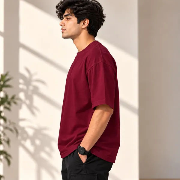 GoCro_Men's_Maroon_Oversized_Basic_Plain_T-Shirt_(100%_Cotton)