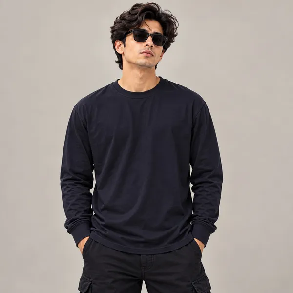 GoCro_Men's_Navy_Blue_Full_Sleeve_Plain_T-Shirt_(100%_Cotton)