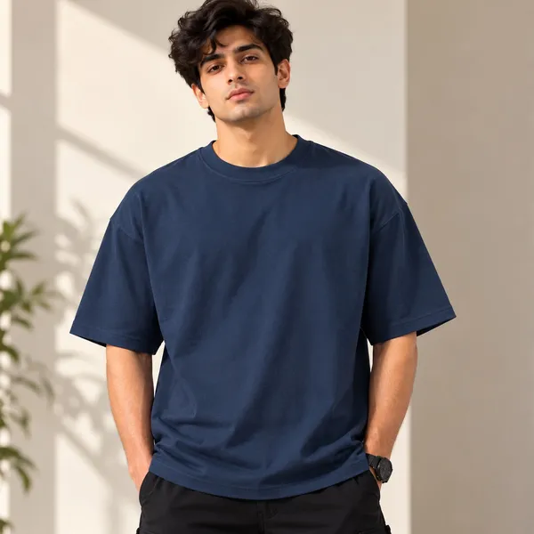 GoCro_Men's_Navy_Blue_Oversized_Basic_Plain_T-Shirt_(100%_Cotton)