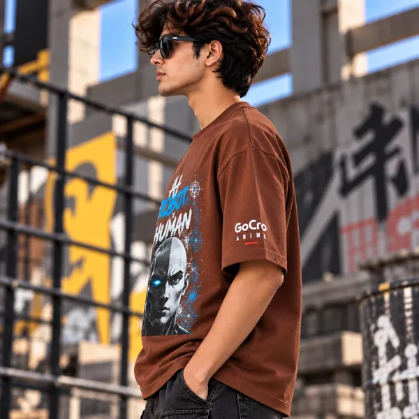GoGro_Men's_Brown_Oversized_AI_Robot_x_Human_Graphic_T-Shirt_(Cotton,_220_GSM)