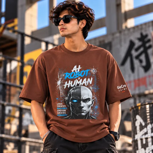 GoGro_Men's_Brown_Oversized_AI_Robot_x_Human_Graphic_T-Shirt_(Cotton,_220_GSM)