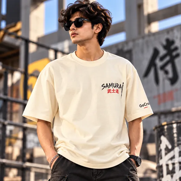 GoGro_Men's_Cream_Oversized_Samurai_Graphic_Print_T-Shirt_(Cotton,_220_GSM)