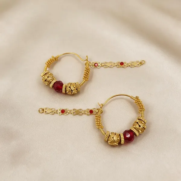 Traditional_Gold_Ornamental_Brager_Earrings_With_Red_Beads_&_Chain