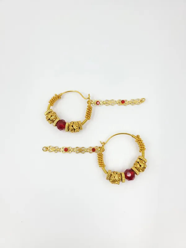 Traditional_Gold_Ornamental_Brager_Earrings_With_Red_Beads_&_Chain