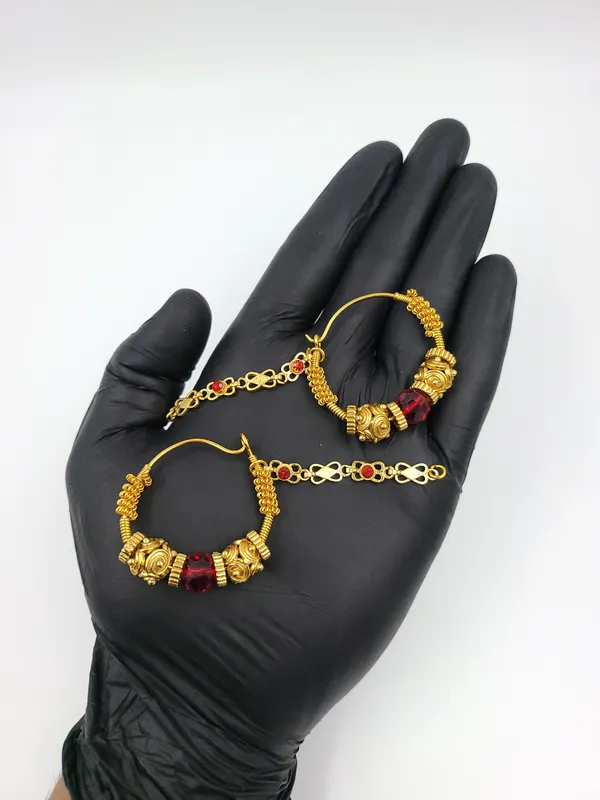 Traditional_Gold_Ornamental_Brager_Earrings_With_Red_Beads_&_Chain