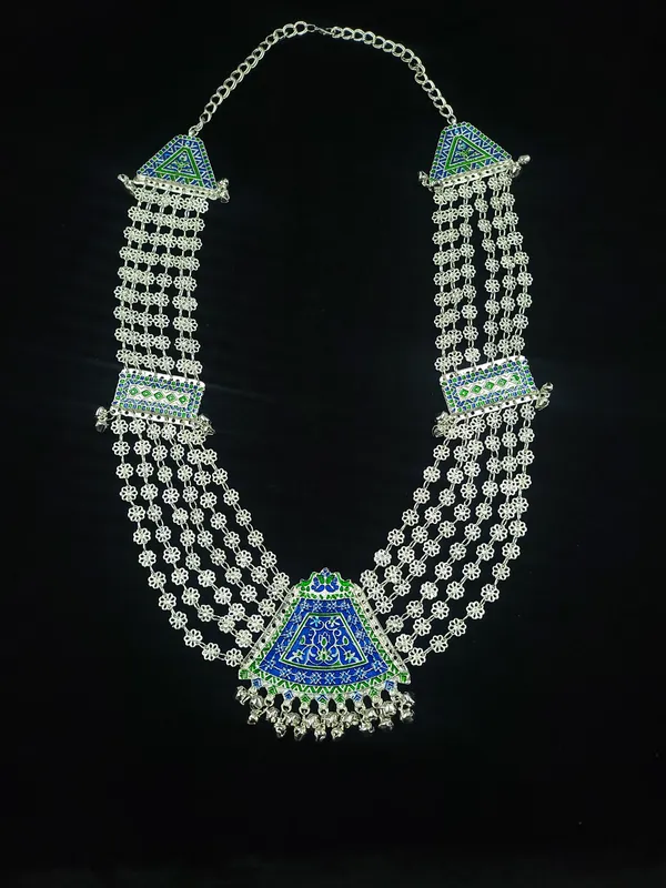 Silver_Plated_Multilayer_Blue_Green_Enamel_Triangular_Chandrahaar