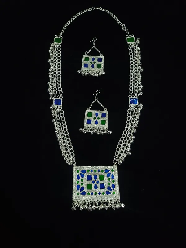 Silver_Plated_Geometric_Blue_Green_Enamel_Chandrahaar_With_Jhumki