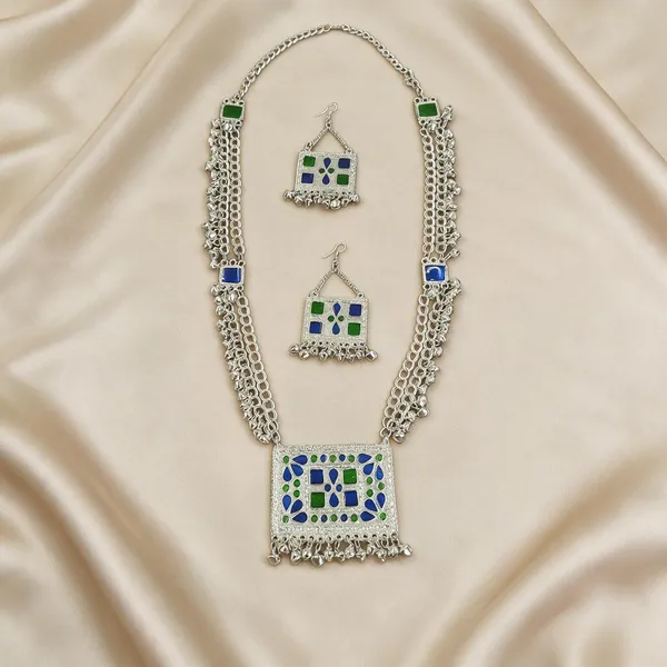 Silver_Plated_Geometric_Blue_Green_Enamel_Chandrahaar_With_Jhumki