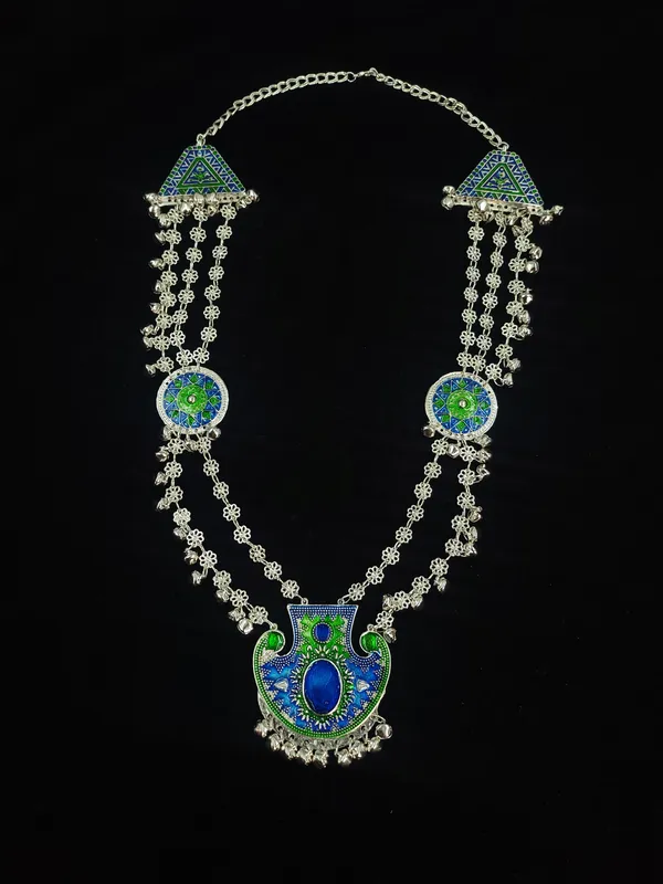 Silver_Plated_Blue_Green_Enamel_Peacock_Layered_Chandrahaar