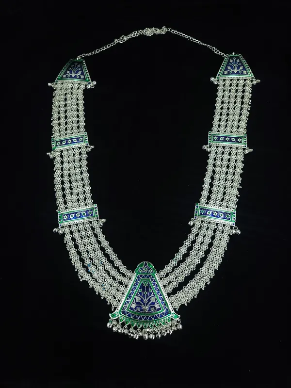 Silver_Plated_Multilayer_Blue_Green_Enamel_Triangular_Chandrahaar