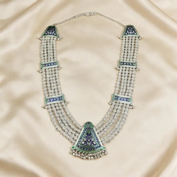 Silver_Plated_Multilayer_Blue_Green_Enamel_Triangular_Chandrahaar