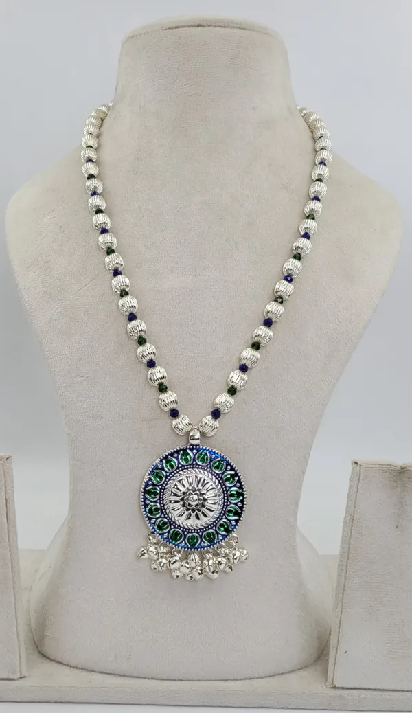 Silver_Plated_Blue_Green_Stone_Round_Pendant_Dod_Mala_For_Women