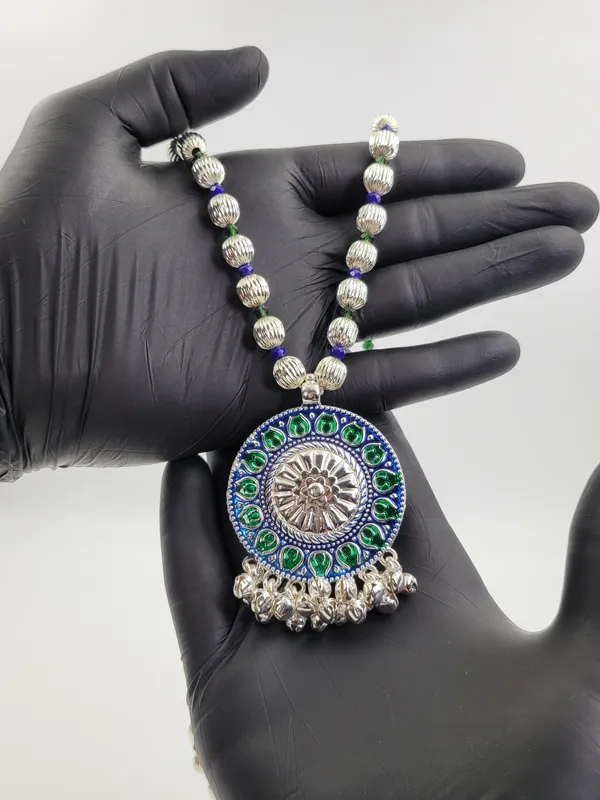 Silver_Plated_Blue_Green_Stone_Round_Pendant_Dod_Mala_For_Women