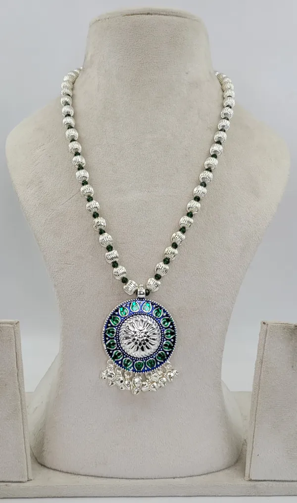 Silver_Plated_Blue_Green_Stone_Round_Pendant_Dod_Mala_For_Women