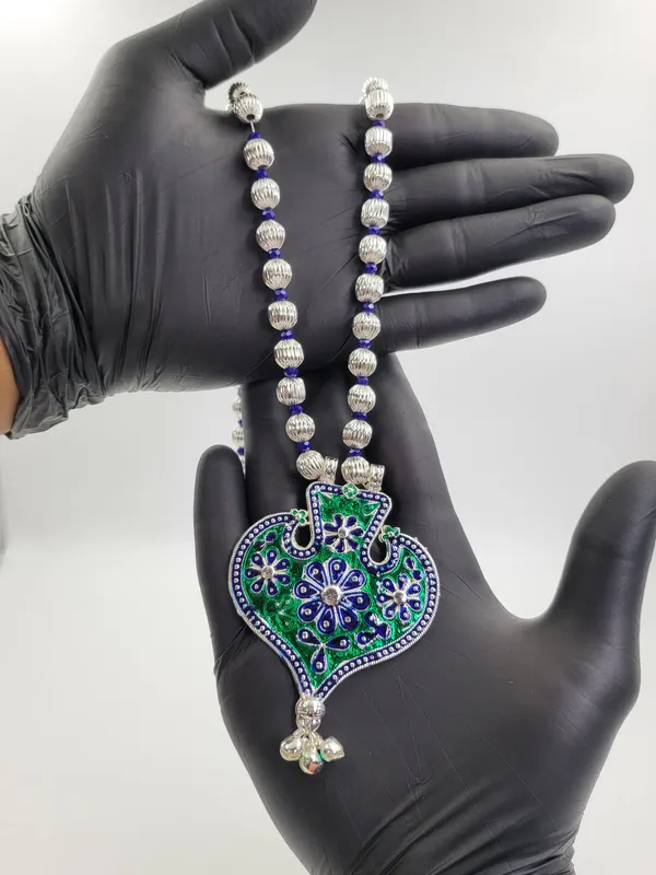 Silver_Plated_Blue_Green_Stone_Heart_Pendant_Dod_Mala_For_Women