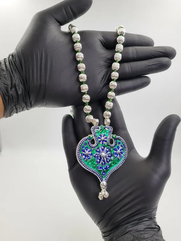 Silver_Plated_Blue_Green_Stone_Heart_Pendant_Dod_Mala_For_Women