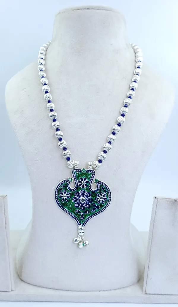 Silver_Plated_Blue_Green_Stone_Heart_Pendant_Dod_Mala_For_Women