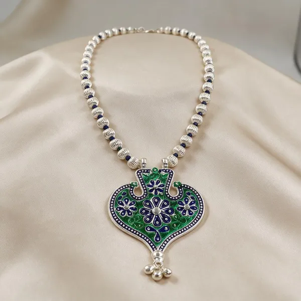 Silver_Plated_Blue_Green_Stone_Heart_Pendant_Dod_Mala_For_Women