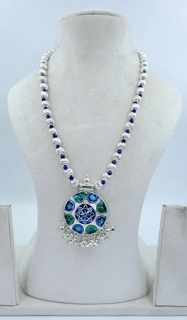 Silver_Plated_Blue_Green_Stone_Floral_Round_Pendant_Dod_Mala_For_Women