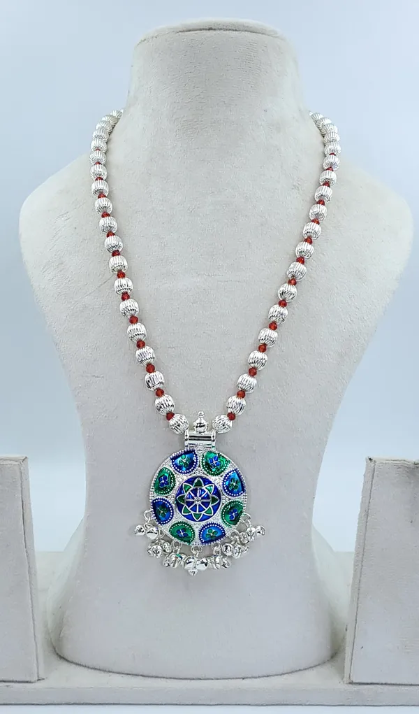 Silver_Plated_Blue_Green_Stone_Floral_Round_Pendant_Dod_Mala_For_Women