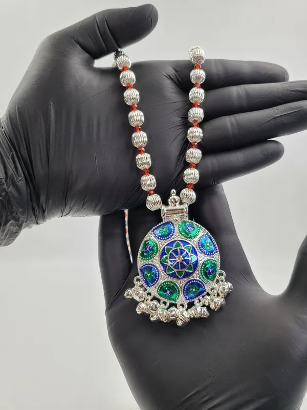 Silver_Plated_Blue_Green_Stone_Floral_Round_Pendant_Dod_Mala_For_Women
