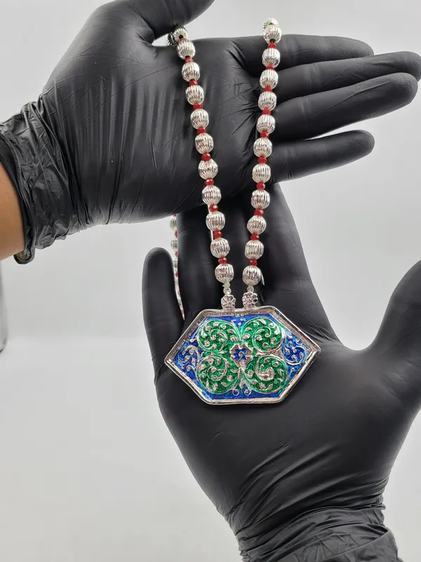 Silver_Plated_Blue_Green_Enamel_Hexagonal_Pendant_Dod_Mala_For_Women