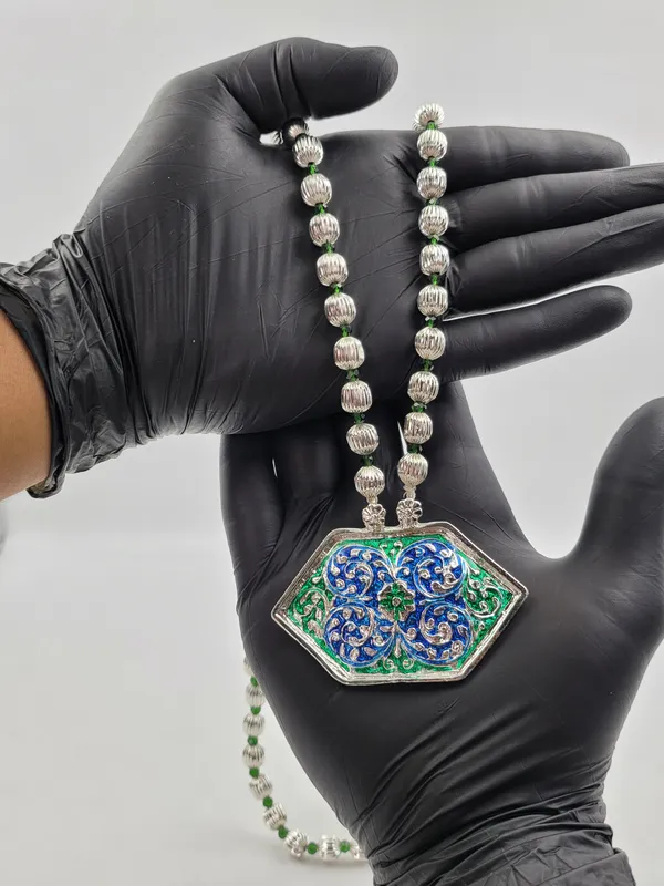Silver_Plated_Blue_Green_Enamel_Hexagonal_Pendant_Dod_Mala_For_Women