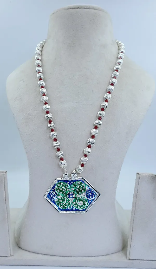 Silver_Plated_Blue_Green_Enamel_Hexagonal_Pendant_Dod_Mala_For_Women