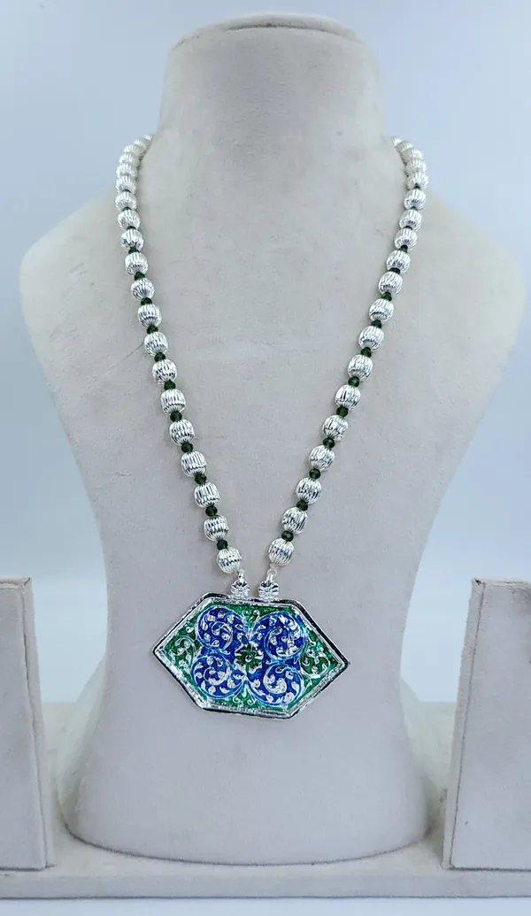 Silver_Plated_Blue_Green_Enamel_Hexagonal_Pendant_Dod_Mala_For_Women