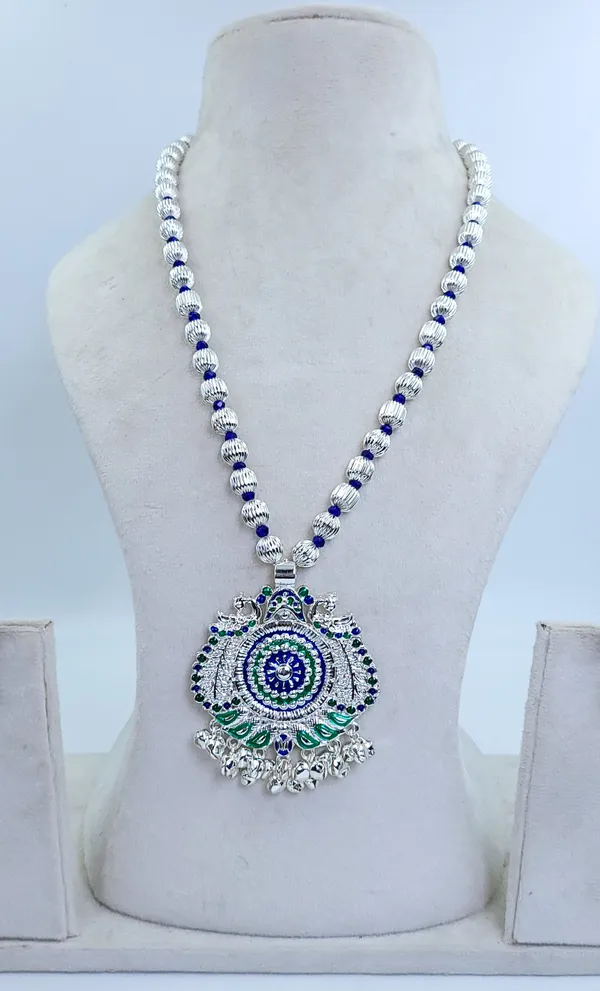 Silver_Plated_Blue_Green_Enamel_Peacock_Round_Pendant_Dod_Mala_For_Women