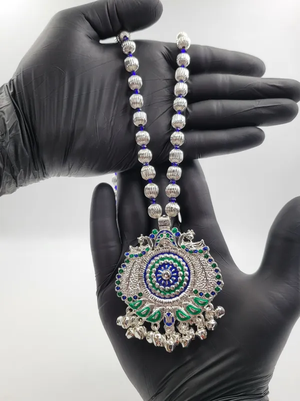 Silver_Plated_Blue_Green_Enamel_Peacock_Round_Pendant_Dod_Mala_For_Women