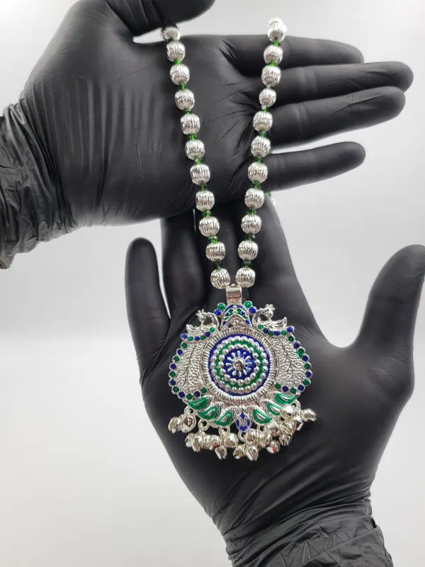 Silver_Plated_Blue_Green_Enamel_Peacock_Round_Pendant_Dod_Mala_For_Women