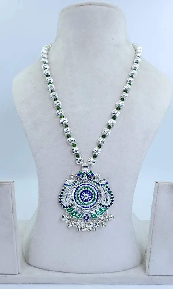 Silver_Plated_Blue_Green_Enamel_Peacock_Round_Pendant_Dod_Mala_For_Women
