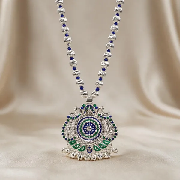 Silver_Plated_Blue_Green_Enamel_Peacock_Round_Pendant_Dod_Mala_For_Women