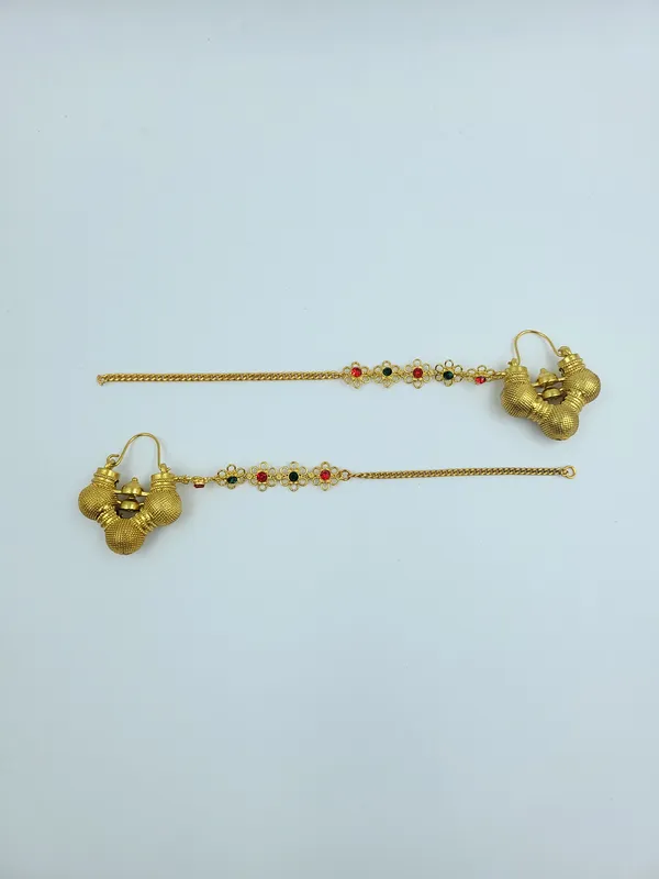 Gold_Tone_Floral_Stone_Gokhru_With_Chain_Earrings_For_Women