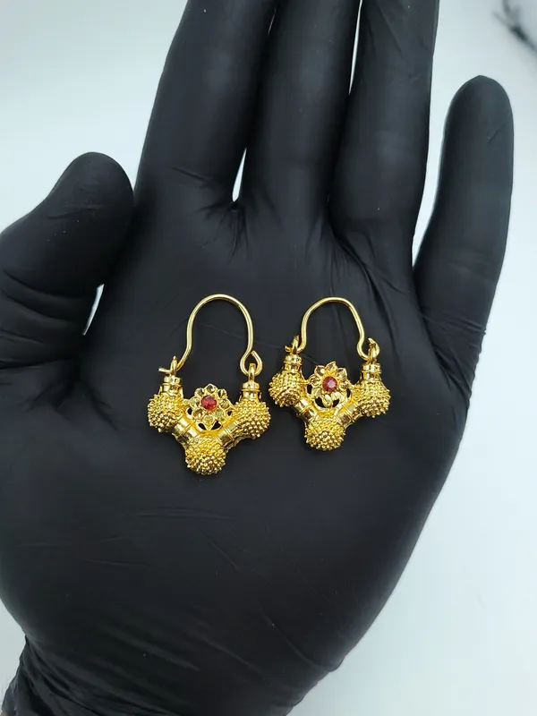 Gold_Tone_Ruby_Floral_Triple_Ball_Gokhru_With_Chain_Earrings_For_Women