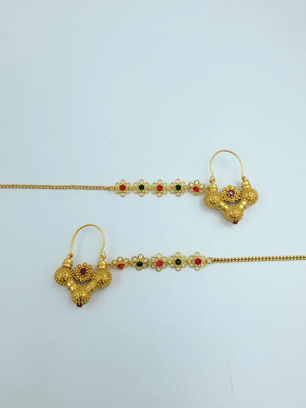 Gold_Tone_Floral_Red_Stone_Gokhru_With_Chain_Earrings_For_Women