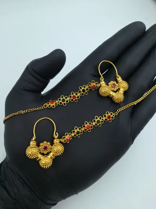 Gold_Tone_Floral_Red_Stone_Gokhru_With_Chain_Earrings_For_Women
