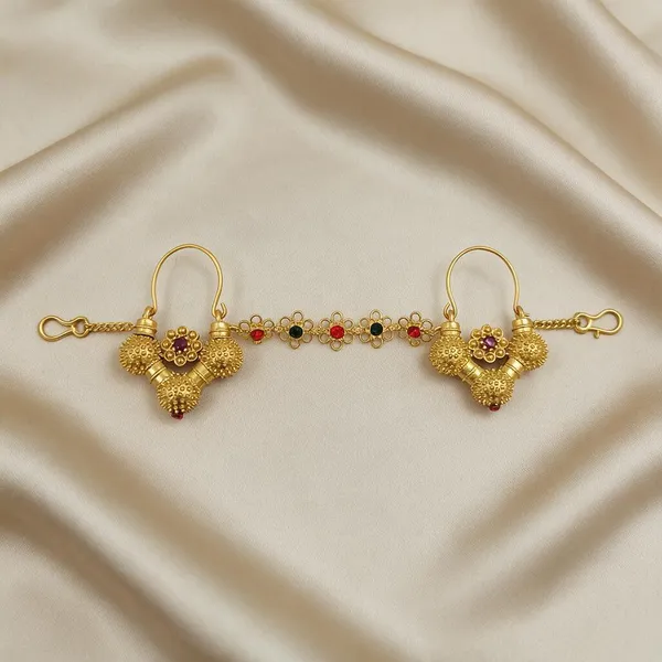 Gold_Tone_Floral_Red_Stone_Gokhru_With_Chain_Earrings_For_Women