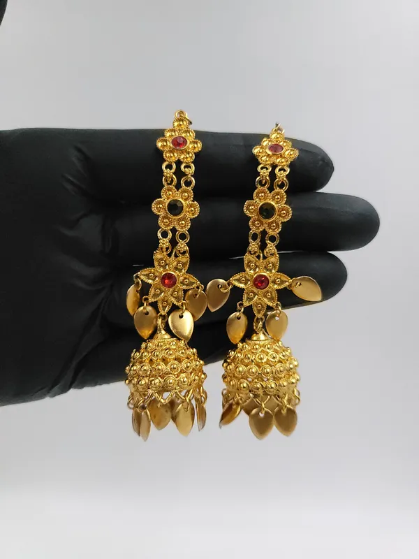 Traditional_Floral_Kinnauri_Jhumki_With_Red_&_Green_Stones