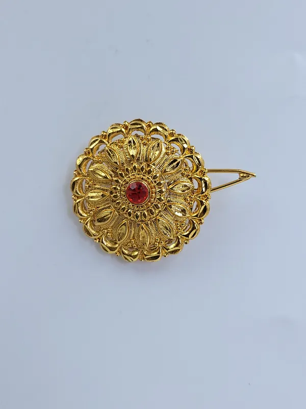 Gold_Plated_Round_Floral_Red_Stone_Traditional_Hair_Chaak_With_Pin