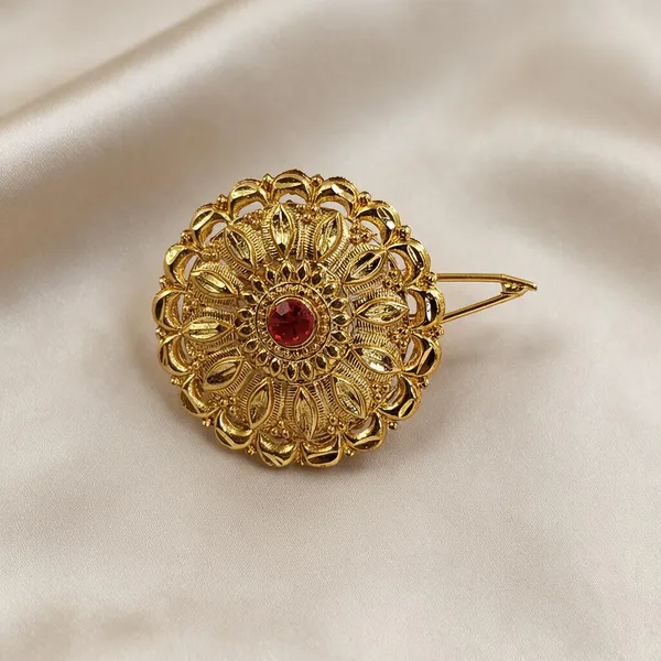 Gold_Plated_Round_Floral_Red_Stone_Traditional_Hair_Chaak_With_Pin