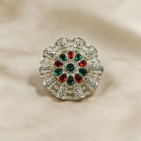 Silver_Tone_Multicolor_Floral_Red_Green_Stone_Traditional_Hair_Chaak