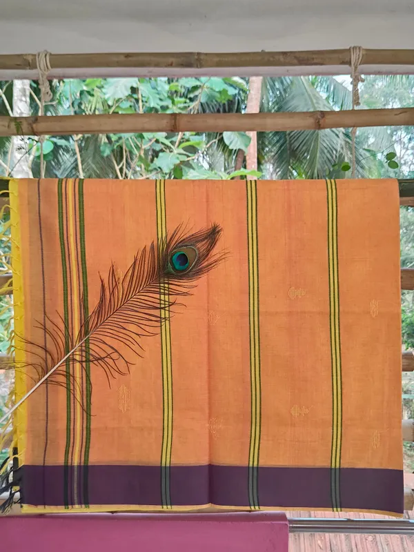 Srinakshgeeth_Udupi_Handloom_Gi_Tagged_Saree_Golden_Mustard_With_Vibrant_Orange_Pallu_Kalpana_Special_60_Count_With_Chandrika_Drop_Butta