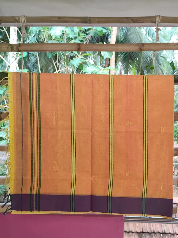 Srinakshgeeth_Udupi_Handloom_Gi_Tagged_Saree_Golden_Mustard_With_Vibrant_Orange_Pallu_Kalpana_Special_60_Count_With_Chandrika_Drop_Butta
