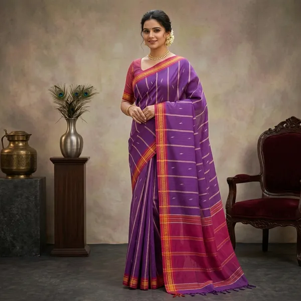Srinakshgeeth_Udupi_Handloom_Gi_Tagged_Saree_Dark_Lavender_Deep_Pink_Sudha_Special_60_Count_Default_Title